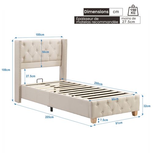 Lit Coffre 90x200 Cm - Lit Simple Rembourré Avec Tête De Lit Boutons - Lin - Beige
