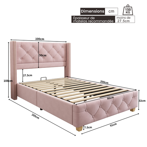 Lit Coffre 90x200 Cm - Lit Simple Rembourré Avec Tête De Lit Et Sommier à Lattes - Velours - Rose