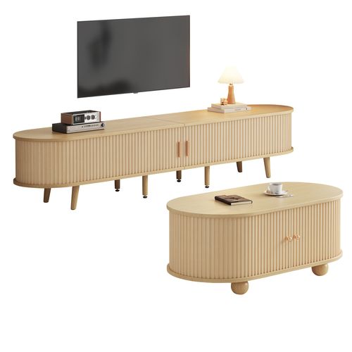 Ensemble Meuble TV + Table Basse Moderne, Plateau Incurvé, Couleur Bois