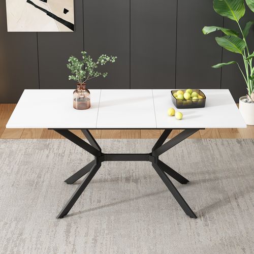 Table à Manger Rectangulaire Extensible 120-160x80x75cm, Pieds Métal Noir, Mdf, Blanc