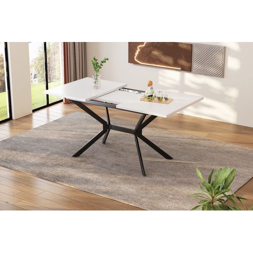 Table à Manger Rectangulaire Extensible 120-160x80x75cm, Pieds Métal Noir, Mdf, Blanc