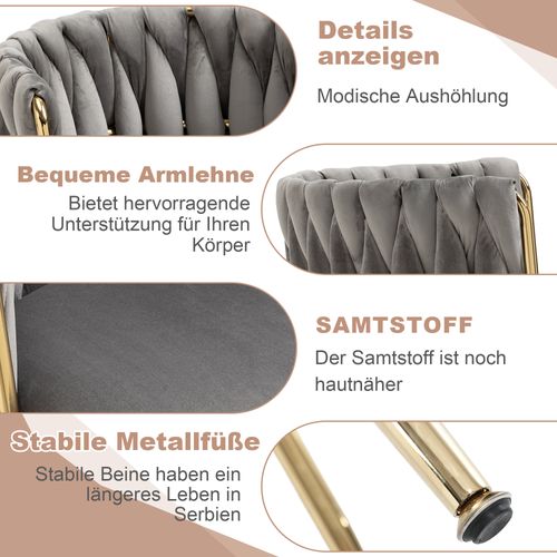 Fauteuil Moderne En Velours, Lot De 2, 55x50x74cm, Coussins Tissés à La Main, Gris