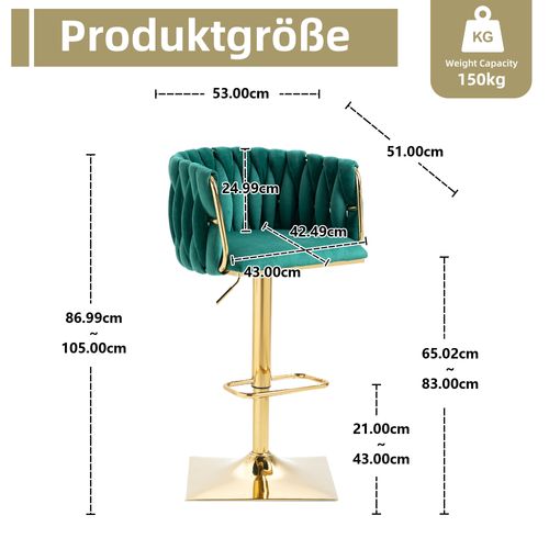 Tabouret De Bar Vintage En Velours, Lot De 2, 53x51x87cm, Rotatif à 360°, Émeraude