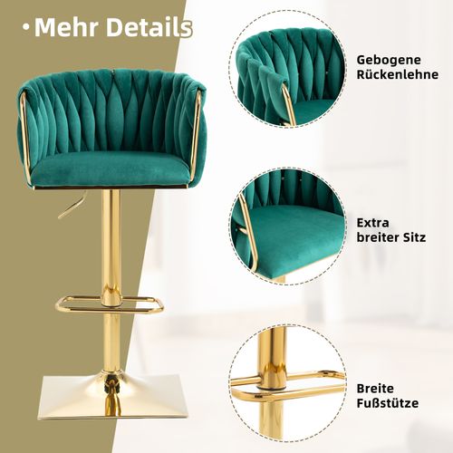 Tabouret De Bar Vintage En Velours, Lot De 2, 53x51x87cm, Rotatif à 360°, Émeraude