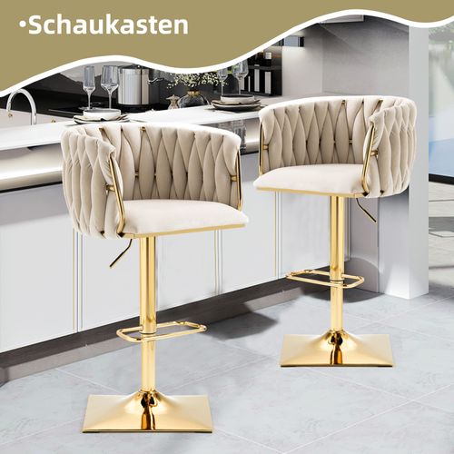 Tabouret De Bar Vintage En Velours, Lot De 2, 53x51x87cm, Pivotant à 360°, Hauteur Réglable, Ivoire