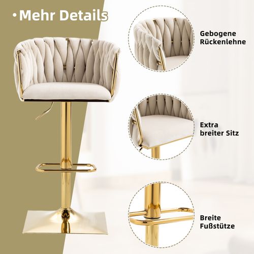 Tabouret De Bar Vintage En Velours, Lot De 2, 53x51x87cm, Pivotant à 360°, Hauteur Réglable, Ivoire