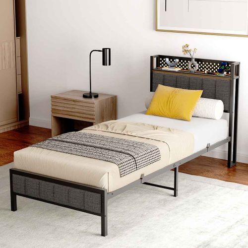 Lit Enfant 90x200 Cm En Métal, Cadre De Lit Avec Sommier à Lattes, Ports USB Intégrés, Noir