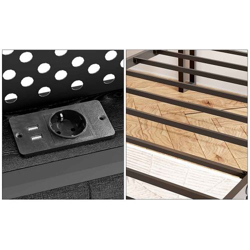 Lit Enfant 90x200 Cm En Métal, Cadre De Lit Avec Sommier à Lattes, Ports USB Intégrés, Noir