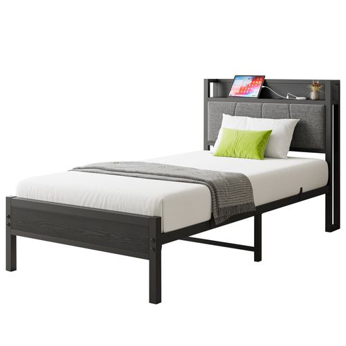 Lit Enfant 90x200 Cm En Métal, Cadre De Lit Noir Avec Tête De Lit, 1 Prise Et 2 Ports De Charge USB