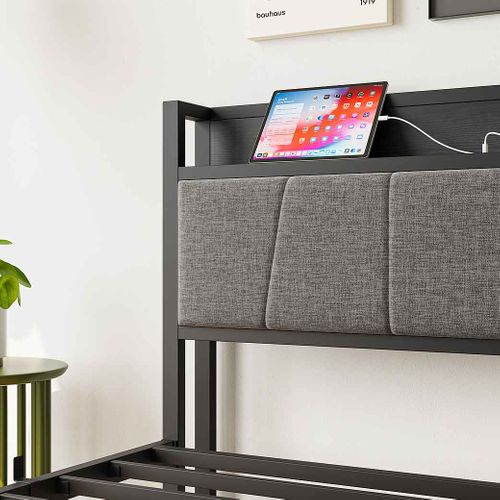 Lit Enfant 90x200 Cm En Métal, Cadre De Lit Noir Avec Tête De Lit, 1 Prise Et 2 Ports De Charge USB