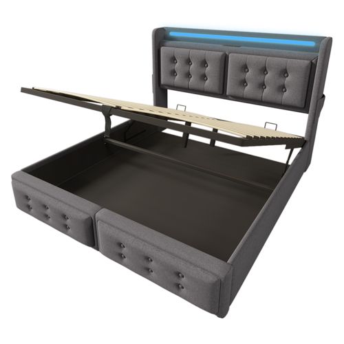 Lit 140x200 Cm Avec LED, USB-c Et Prise Eu, Coffre Hydraulique, Tissu Gris