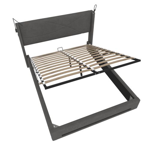 Lit 140x200 Cm Avec LED, Lampes De Lecture, Rangement Hydraulique Et Ports USB, Gris