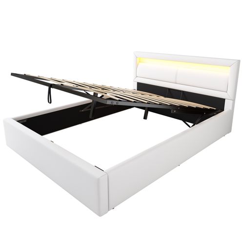 Lit Coffre 140x200 Cm Avec LED, Coffre De Rangement Et Tête De Lit Rembourrée, Blanc, Simili Cuir
