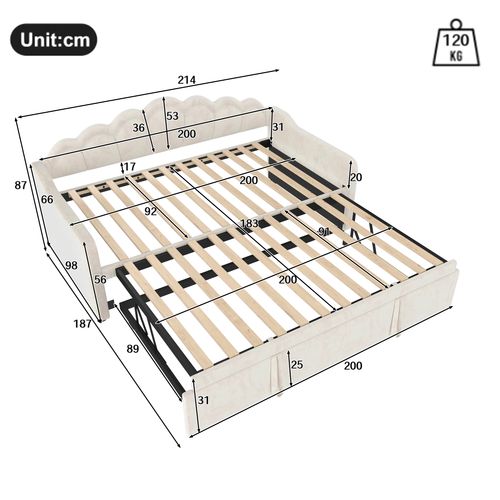 Lit Enfant Gigogne 90x200 Extensible 180x200 Cm, LED, Velours Beige