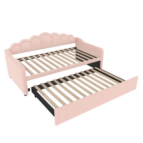 Lit Enfant Gigogne  90x200 Extensible 180x200 Cm, LED, Velours Rose