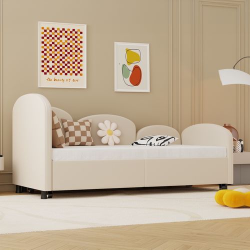 Lit Banquette Enfant 90x200 Cm Avec Tiroir, Forme Fleur, Velours, Cadre Bois, Beige Moderne