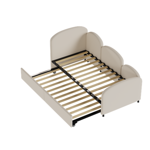 Lit Banquette Enfant 90x200 Cm Avec Tiroir, Forme Fleur, Velours, Cadre Bois, Beige Moderne