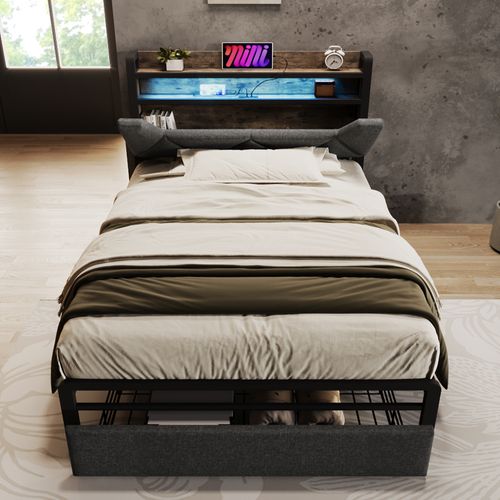 Lit 90x200 Cm Avec Tête De Lit à Rangement, Ports USB-c, LED, Tiroirs, Métal Et Tissu Gris