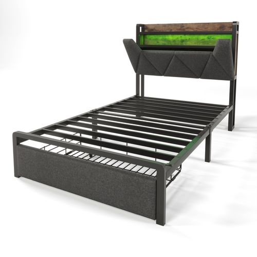 Lit 90x200 Cm Avec Tête De Lit à Rangement, Ports USB-c, LED, Tiroirs, Métal Et Tissu Gris