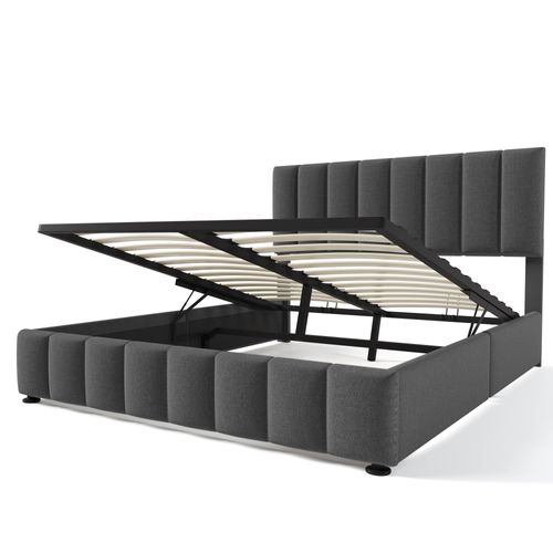Lit 140x200 Cm Avec Coffre De Rangement Hydraulique, Tête Réglable, Tissu En Lin Gris