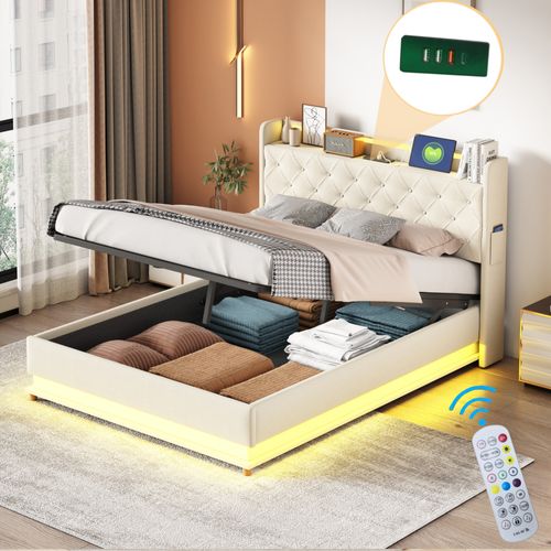 Lit Coffre 140x200 Cm Avec LED, Port USB Et Tissu En Lin Beige – Sommier Métal Inclus