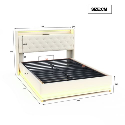 Lit Coffre 140x200 Cm Avec LED, Port USB Et Tissu En Lin Beige – Sommier Métal Inclus