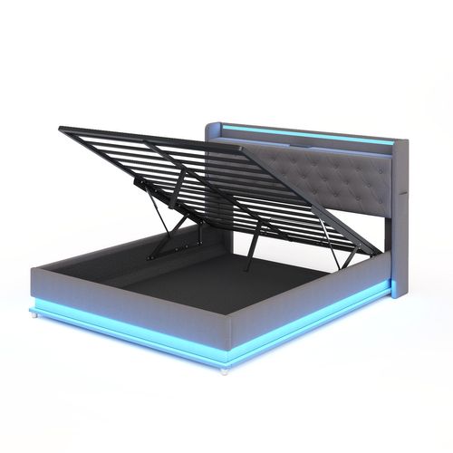 Lit Coffre 140x200 Cm Avec LED, Port USB Et Tissu En Lin Gris – Sommier Métal Inclus