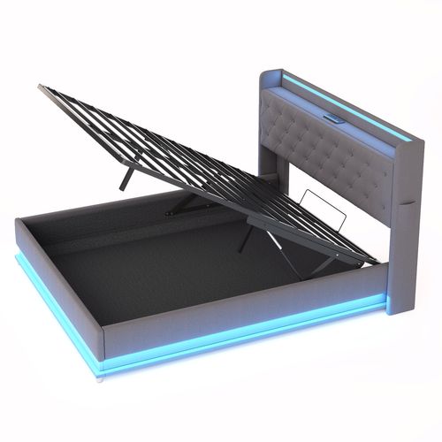 Lit Coffre 140x200 Cm Avec LED, Port USB Et Tissu En Lin Gris – Sommier Métal Inclus
