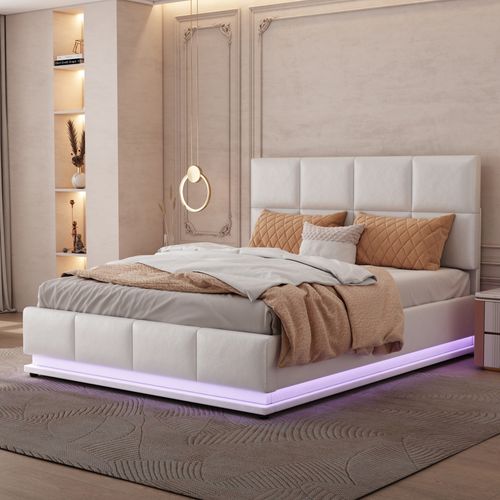 Lit Coffre 140x200 Cm Lit Adulte Avec LED, Port USB Et Tissu Lin, Beige