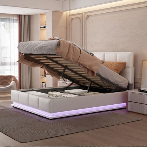 Lit Coffre 140x200 Cm Lit Adulte Avec LED, Port USB Et Tissu Lin, Beige