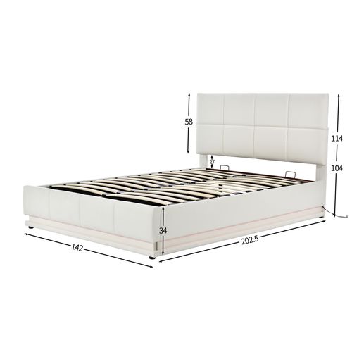 Lit Coffre 140x200 Cm Lit Adulte Avec LED, Port USB Et Tissu Lin, Beige