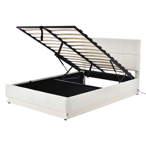 Lit Coffre 140x200 Cm Lit Adulte Avec LED, Port USB Et Tissu Lin, Beige