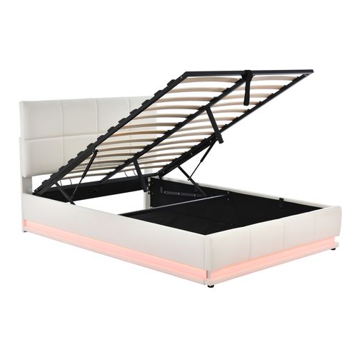 Lit Coffre 140x200 Cm Lit Adulte Avec LED, Port USB Et Tissu Lin, Beige