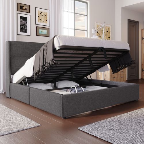 Lit Coffre 140x200 Cm 2 places Avec Tête De Lit Réglable, Sommier – Tissu Lin Gris