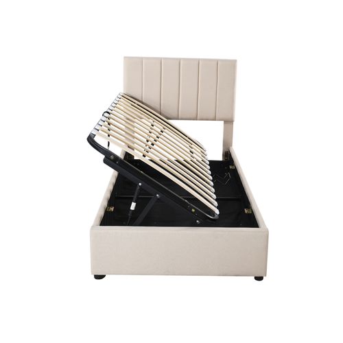 Lit Coffre 90x200cm Lit Enfant Avec Hydraulique, Tête De Lit Réglable Et Tissu En Lin Beige