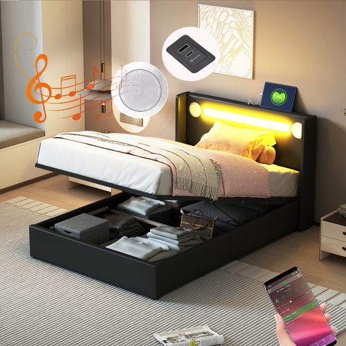Lit Enfant 90x200 Avec LED, Haut-parleur Bluetooth, USB Et Coffre De Rangement – Pu Cuir Noir