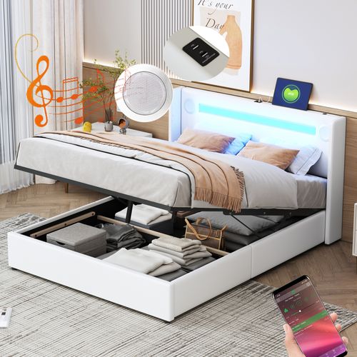 Lit Coffre 140x200 Avec LED, Haut-parleur Bluetooth, USB– Pu Cuir Blanc