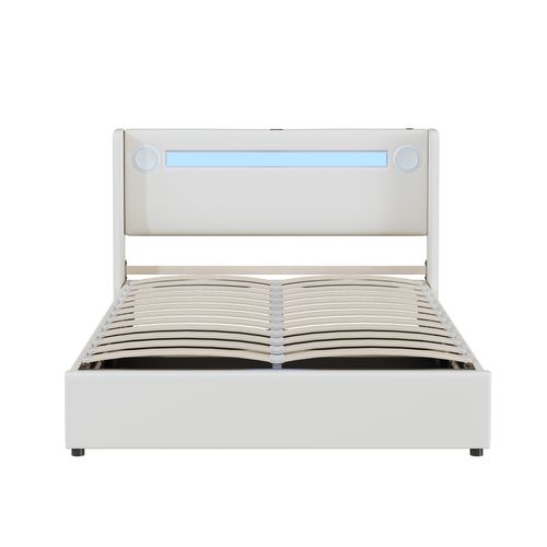 Lit Coffre 140x200 Avec LED, Haut-parleur Bluetooth, USB– Pu Cuir Blanc