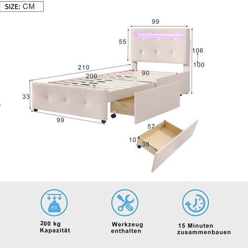 Lit 90x200 Avec LED Et 2 Tiroirs – Lit Enfant/junior En Tissu Lin Beige