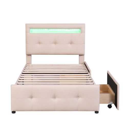 Lit 90x200 Avec LED Et 2 Tiroirs – Lit Enfant/junior En Tissu Lin Beige