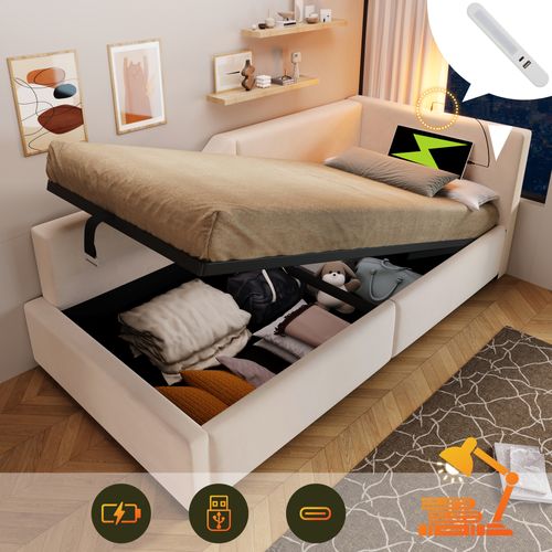 Lit D’appoint 90x190 Cm Avec Coffre, Lampe De Lecture Et USB-c-velours Beige