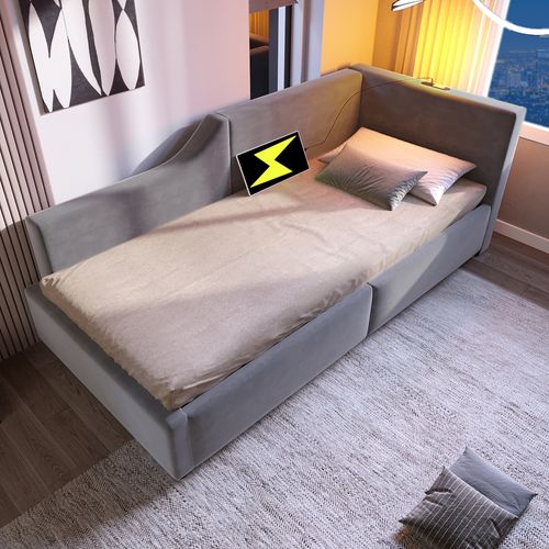 Lit D’appoint 90x190 Cm Avec Coffre, Lampe De Lecture Et USB-c-velours Gris