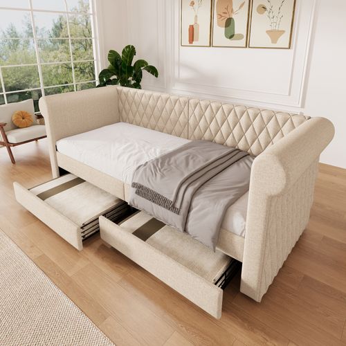 Lit Enfant Banquette 90x200 Cm Tissu Lin, Avec 2 Tiroirs De Rangement, Beige