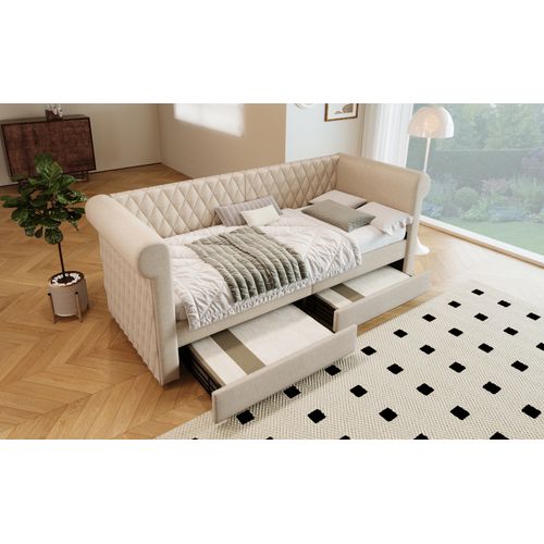 Lit Enfant Banquette 90x200 Cm Tissu Lin, Avec 2 Tiroirs De Rangement, Beige