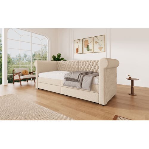 Lit Enfant Banquette 90x200 Cm Tissu Lin, Avec 2 Tiroirs De Rangement, Beige