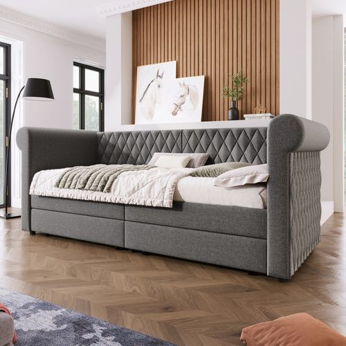 Lit Enfant Banquette 90x200 Cm Tissu Lin, Avec 2 Tiroirs De Rangement, Gris