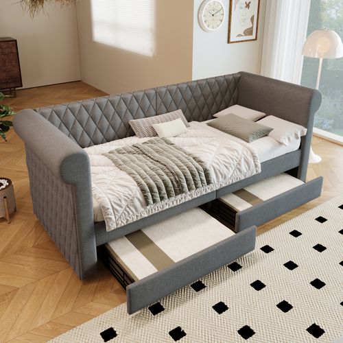 Lit Enfant Banquette 90x200 Cm Tissu Lin, Avec 2 Tiroirs De Rangement, Gris