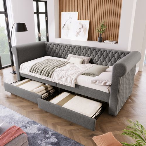 Lit Enfant Banquette 90x200 Cm Tissu Lin, Avec 2 Tiroirs De Rangement, Gris