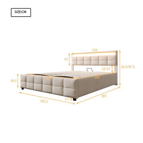 Lit Coffre Adulte 180x200 Cm Avec LED, Velours Beige, Sommier à Latte