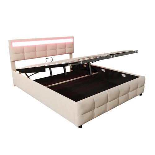 Lit Coffre Adulte 180x200 Cm Avec LED, Velours Beige, Sommier à Latte